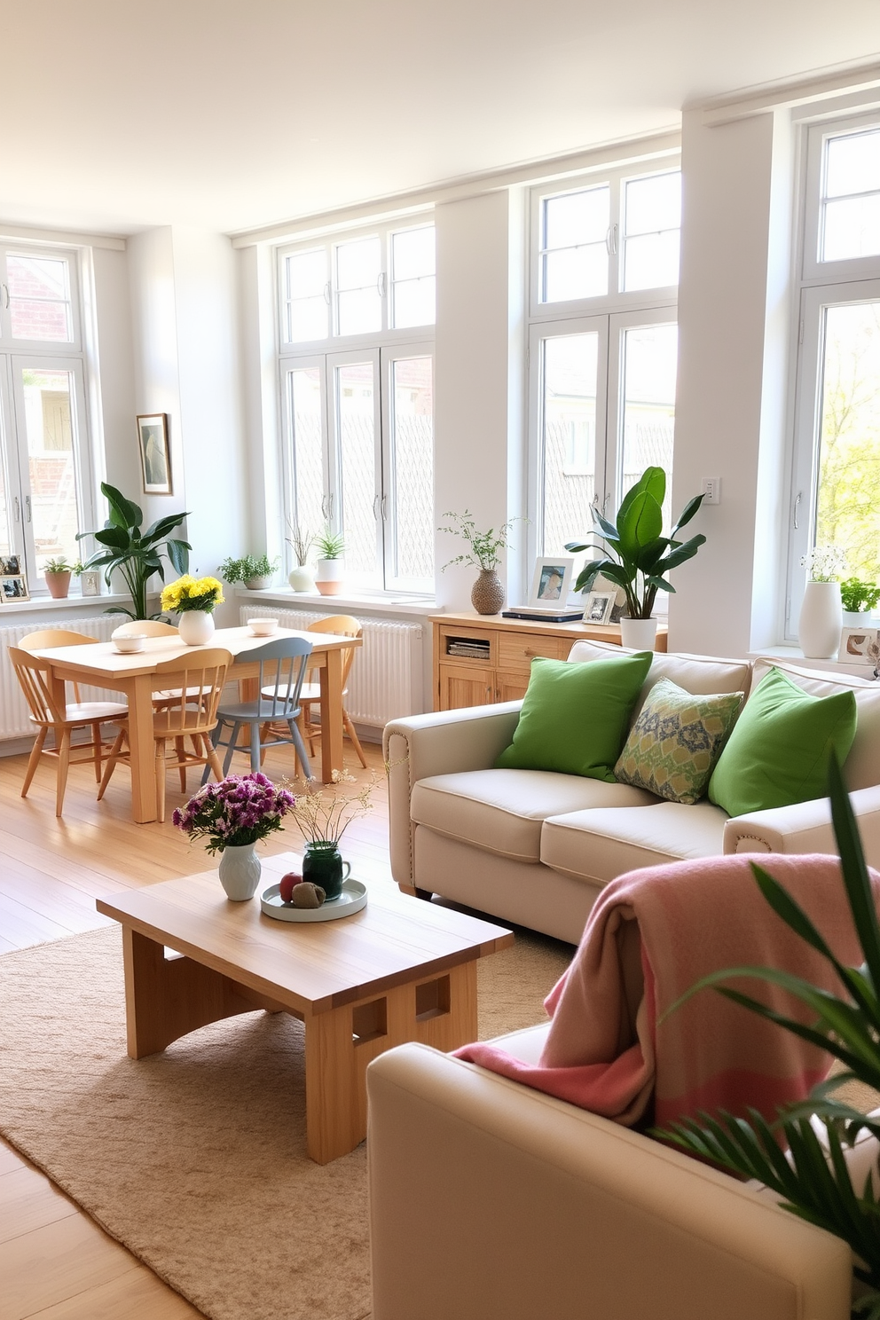 A bright and airy apartment filled with light wood furniture pieces that create a warm and inviting atmosphere. The living room features a light wood coffee table paired with a cozy beige sofa and vibrant green throw pillows. In the dining area, a light wood dining table is surrounded by mismatched chairs in pastel colors, adding a playful touch to the space. Large windows allow natural light to flood in, enhancing the cheerful spring decor with fresh flowers and greenery throughout.