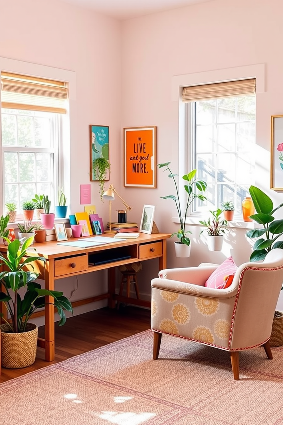 Create a cheerful workspace filled with natural light and vibrant decor. A large wooden desk is positioned near a window, adorned with colorful stationery and potted plants. The walls are painted in a soft pastel shade, complemented by cheerful artwork that inspires creativity. A cozy armchair sits in the corner, inviting relaxation and contemplation amidst the lively atmosphere.