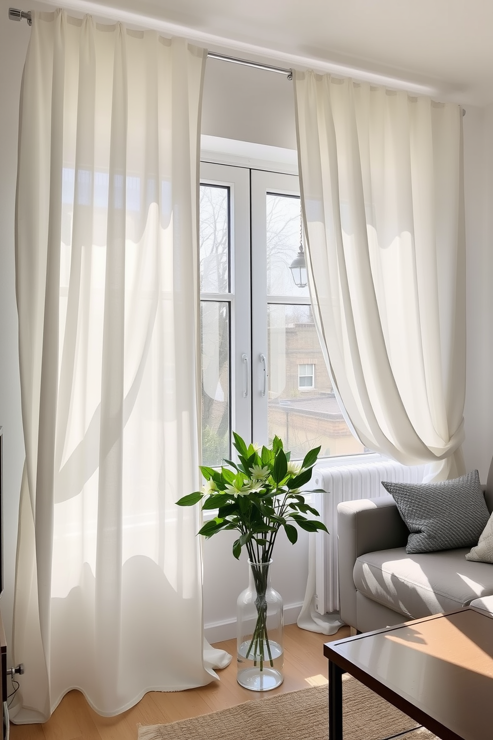 A bright and airy spring apartment setting featuring lightweight sheer curtains that gently filter sunlight. The curtains are draped elegantly over large windows, creating a soft and inviting atmosphere.