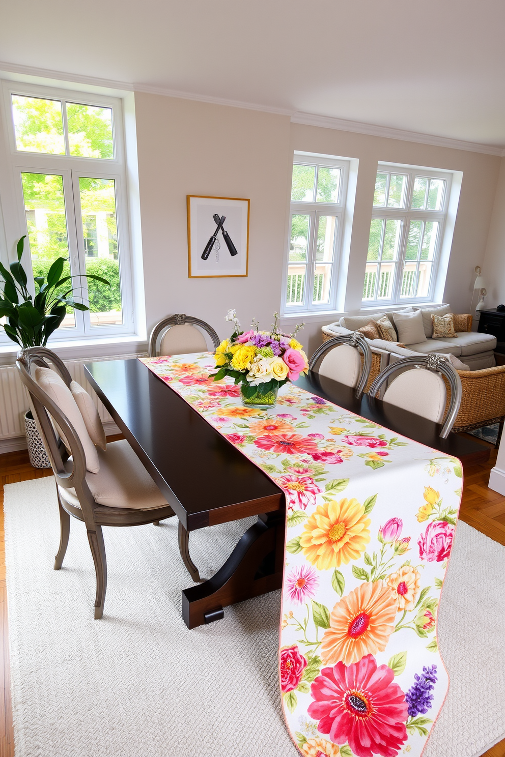 A stylish dining table adorned with a vibrant spring-themed table runner featuring floral patterns and pastel colors. Surrounding the table are elegant chairs with soft cushions, and a centerpiece of fresh flowers adds a lively touch. The walls of the dining area are painted in a light, airy hue, complementing the cheerful decor. Natural light streams in through large windows, enhancing the inviting atmosphere of the spring-inspired apartment.