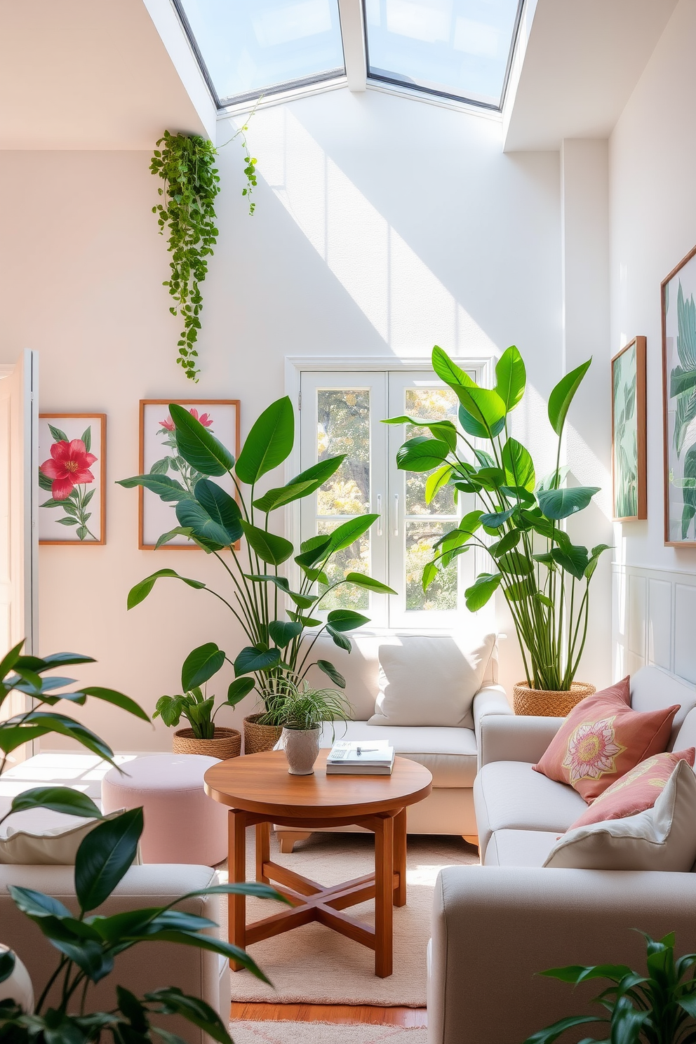 A bright and airy apartment filled with natural light. The walls are adorned with vibrant botanical prints and art, creating a refreshing atmosphere. Lush green plants are strategically placed throughout the space, adding a touch of nature. Soft pastel furnishings complement the artwork, enhancing the spring theme.