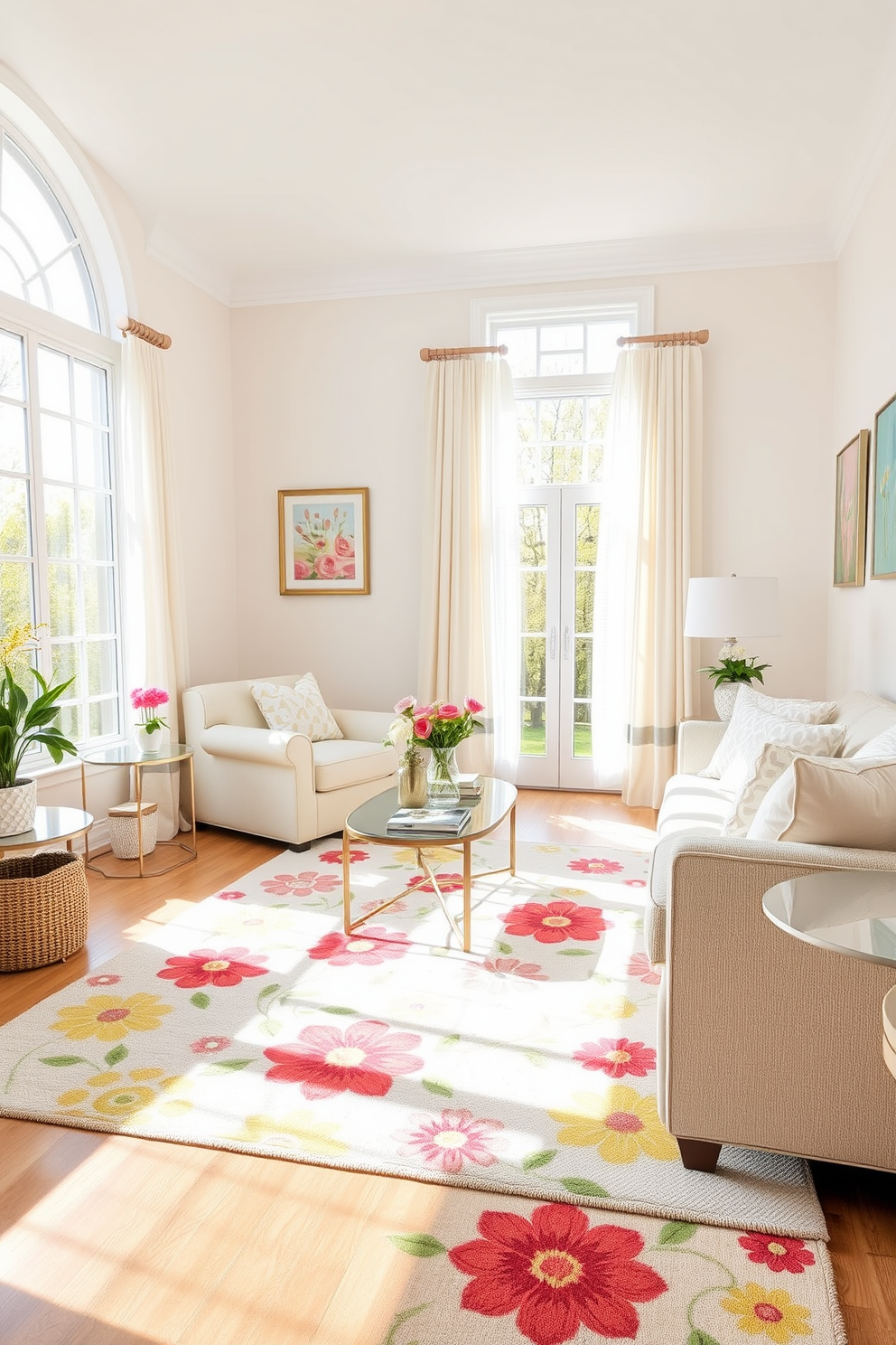 A bright and airy living room filled with natural light. A cheerful area rug with vibrant floral patterns anchors the space, complementing the pastel-colored furniture and decor. The walls are adorned with framed artwork featuring spring themes. Large windows draped with sheer curtains allow sunlight to filter in, creating a warm and inviting atmosphere.