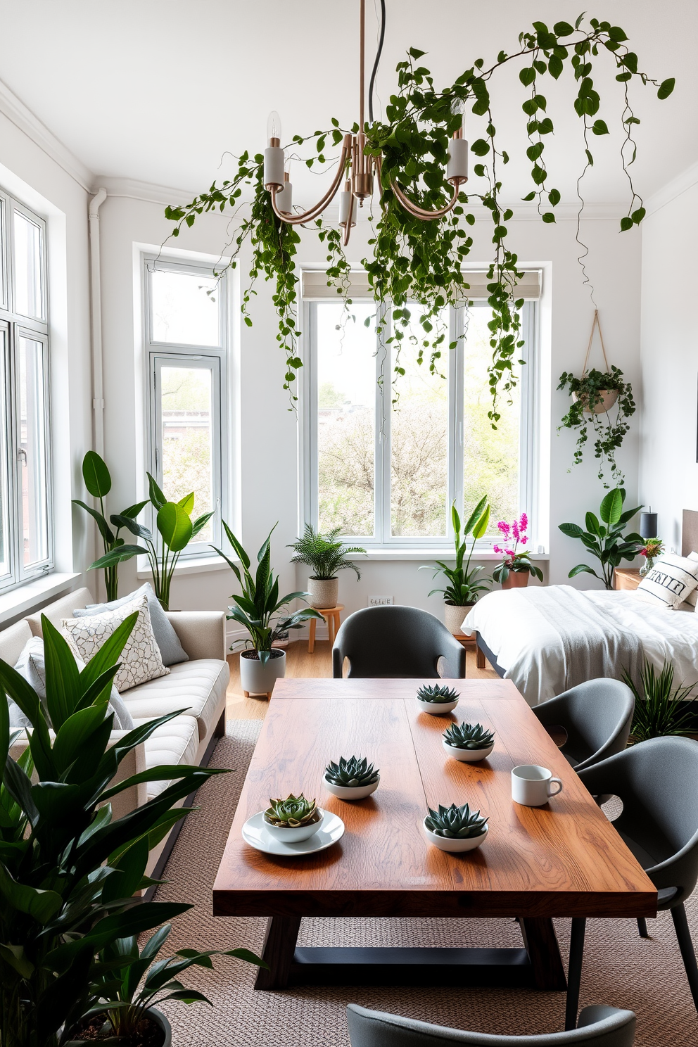 A bright and airy apartment filled with natural light. Lush potted plants are strategically placed throughout the space, adding a vibrant touch of greenery. The living room features a comfortable sofa adorned with pastel-colored cushions. A coffee table made of reclaimed wood sits in front, surrounded by a couple of stylish armchairs. The dining area boasts a sleek wooden table set for a spring gathering. Above, a modern chandelier adds elegance while trailing vines hang from the ceiling, enhancing the fresh atmosphere. In the bedroom, a large window showcases a view of blooming flowers outside. A cozy bed is dressed in light linens, with potted succulents placed on the nightstands for a pop of color.