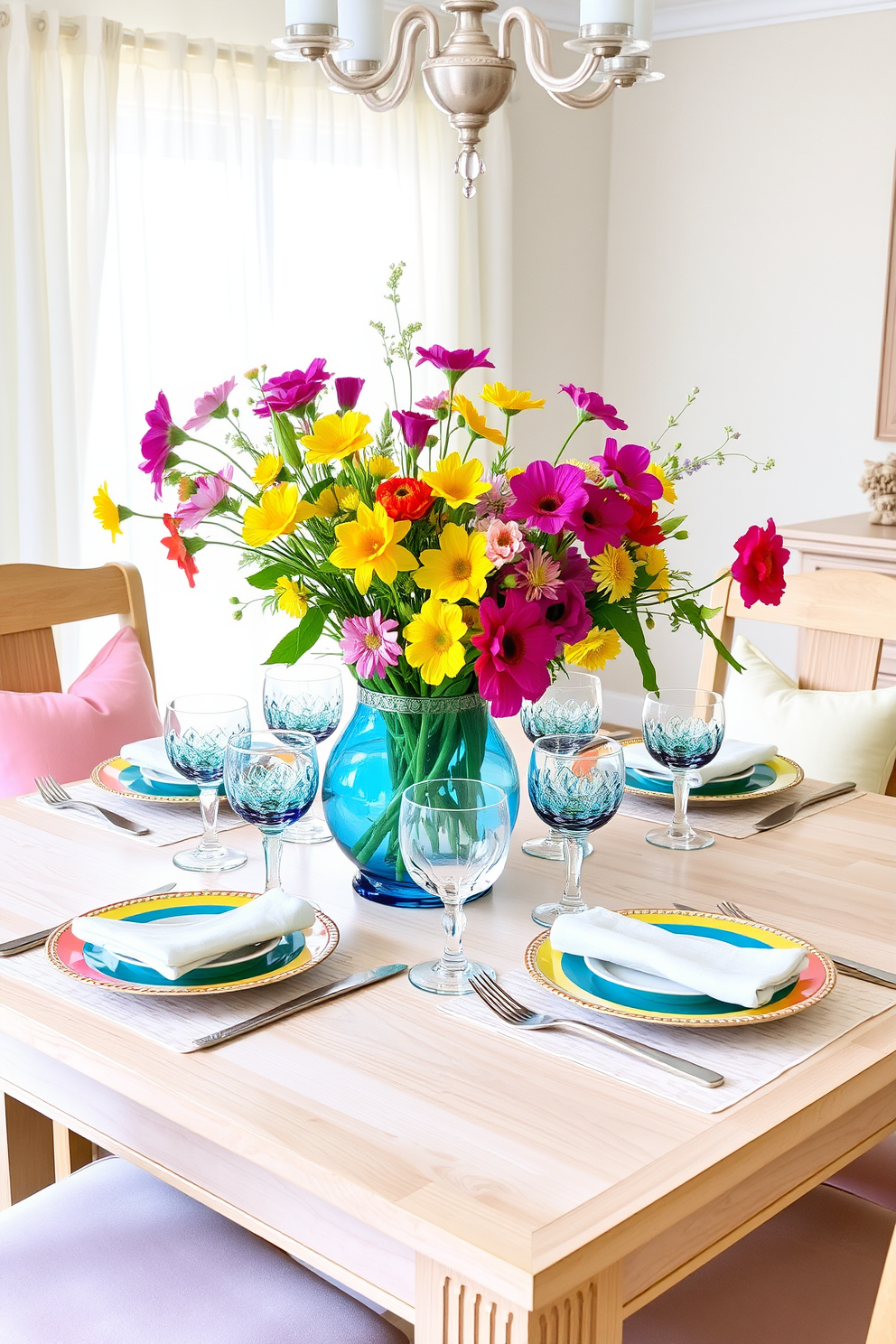 Bright tableware is set on a beautifully arranged dining table featuring a light wood finish. Fresh flowers in vibrant colors are placed in the center, surrounded by elegant glassware and colorful plates that reflect the joy of spring. The dining area is adorned with pastel-colored accents, including cushions on the chairs and a light, airy tablecloth. Soft natural light filters through sheer curtains, enhancing the cheerful atmosphere of the space.