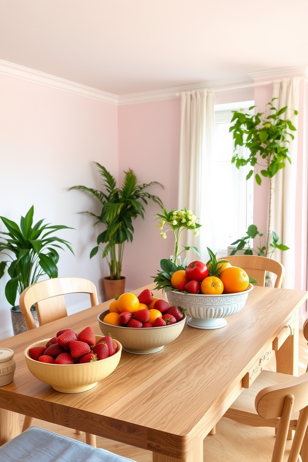 A bright and airy apartment filled with natural light. On a wooden dining table, bowls of vibrant seasonal fruits like strawberries, oranges, and kiwis are artfully arranged, creating a fresh and inviting centerpiece. The walls are adorned with soft pastel colors, reflecting the essence of spring. Lush green plants are placed in the corners, adding a touch of nature and enhancing the cheerful ambiance of the space.