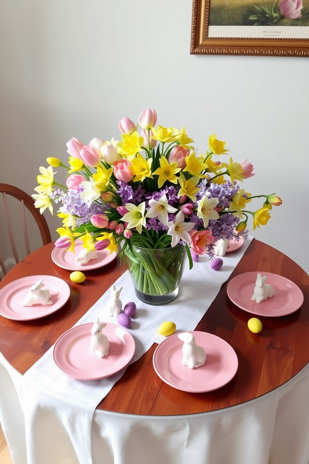 A vibrant spring-themed centerpiece featuring a round wooden table adorned with a crisp white tablecloth. At the center, a large glass vase overflows with an assortment of fresh tulips, daffodils, and hyacinths in pastel colors. Surrounding the vase, delicate ceramic plates in soft shades of pink and yellow are elegantly arranged. Small decorative bunnies and colorful eggs are scattered around the table, enhancing the festive atmosphere.