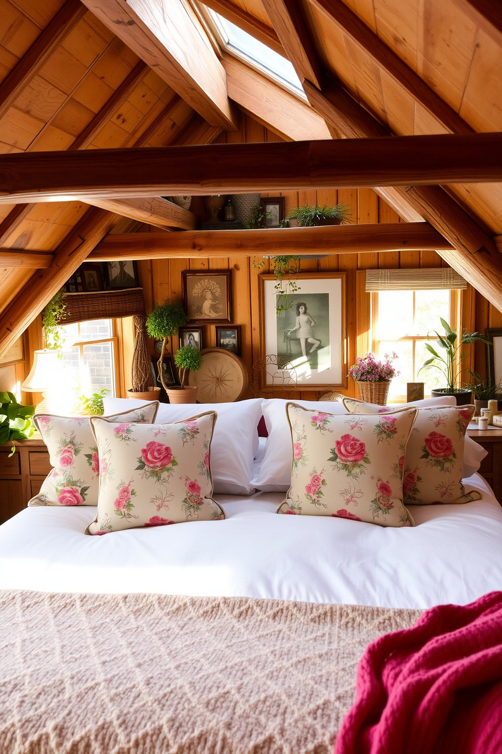 Cozy floral throw pillows arranged on a plush bed create a warm and inviting atmosphere. The bed is dressed in soft white linens, and the sunlight filters through the attic windows, illuminating the delicate patterns of the pillows. The attic is decorated with rustic wooden beams and vintage accents, enhancing the charm of the space. A mix of potted plants and framed art pieces adorn the walls, adding a touch of personality and color to the cozy retreat.