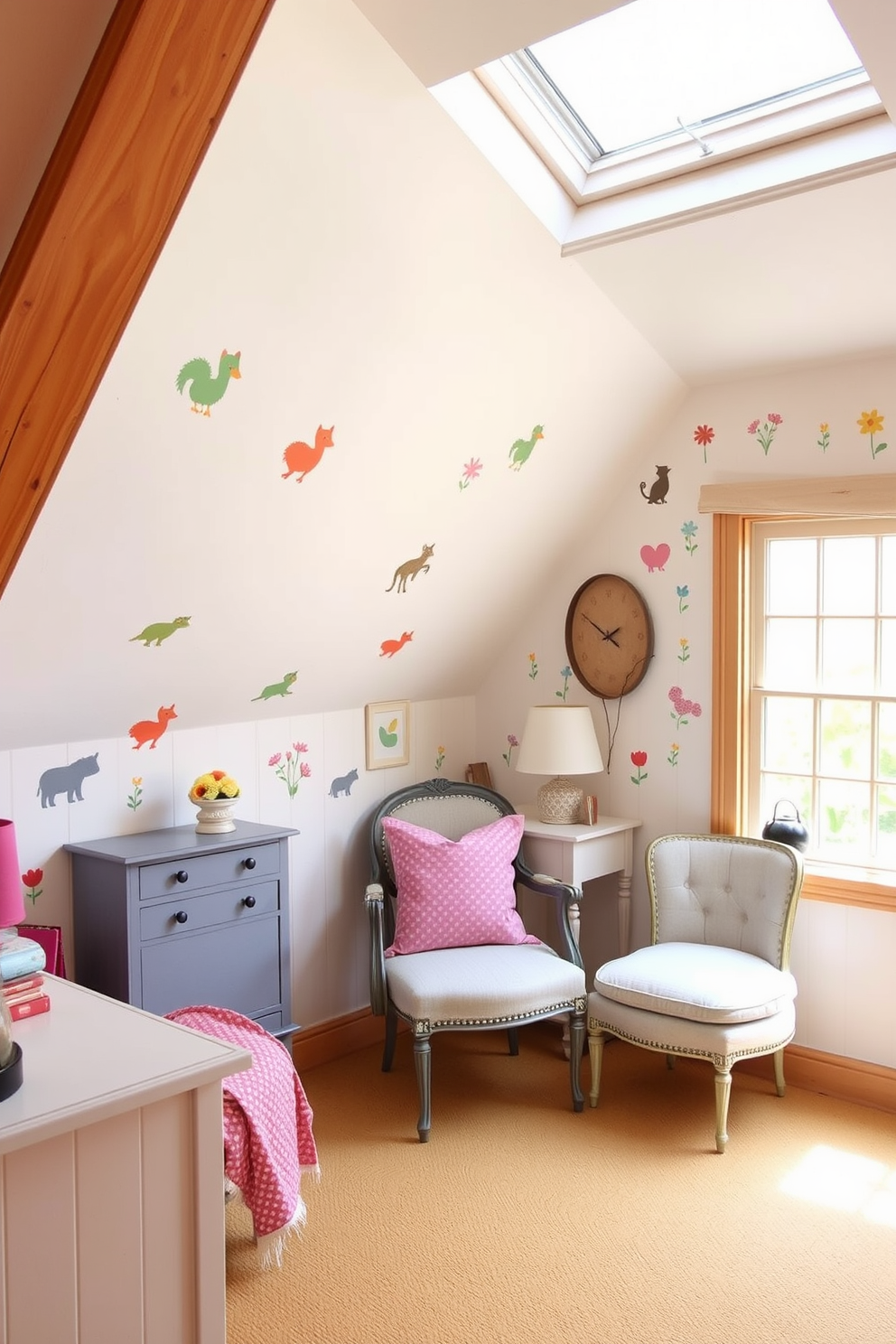 Charming wall decals for playful accents. The room features colorful decals of animals and flowers that bring a whimsical touch to the walls. Spring Attic Decorating Ideas. The attic is filled with light from a skylight, showcasing a cozy reading nook with vintage furniture and soft pastel textiles.