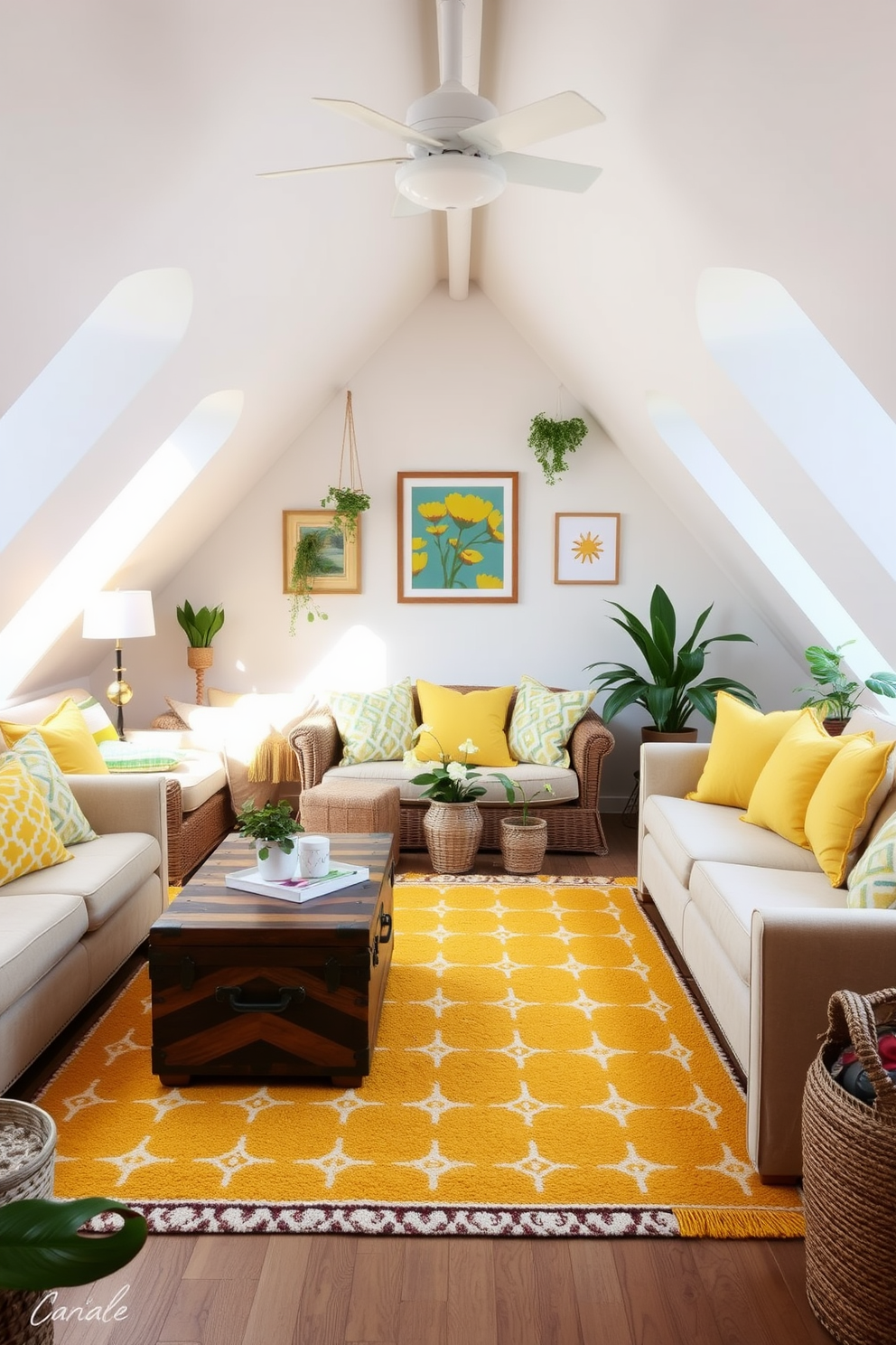 A cozy attic space filled with natural light. The walls are painted a soft white, and sunshine yellow accents are incorporated through throw pillows and a vibrant area rug. A vintage wooden trunk serves as a coffee table, surrounded by comfortable seating. Potted plants and cheerful artwork adorn the walls, creating a lively and inviting atmosphere.