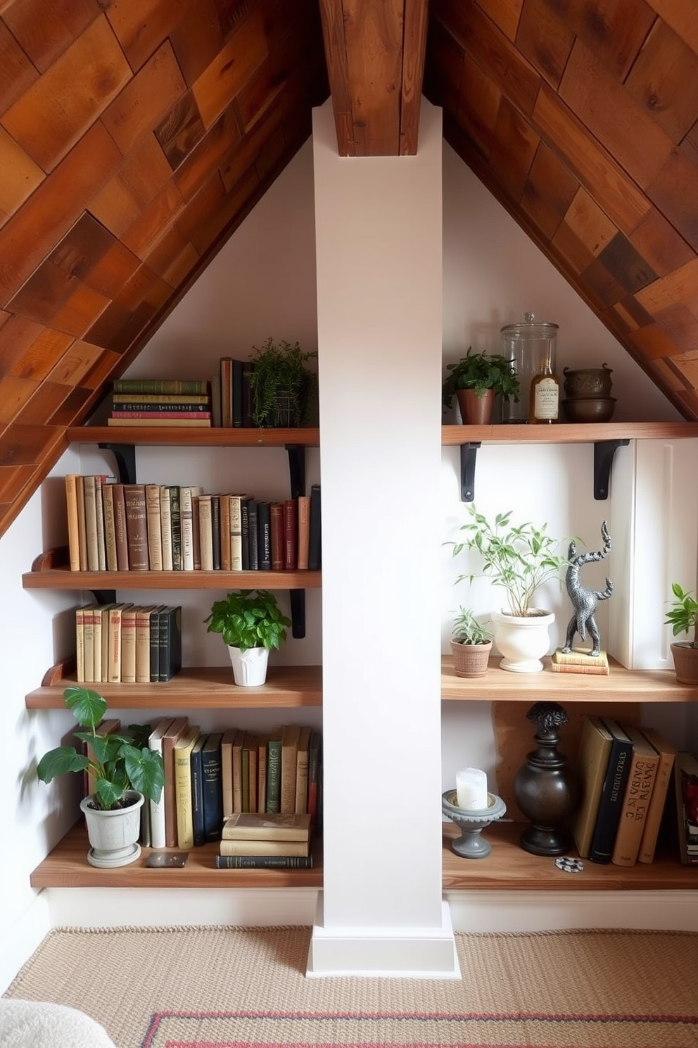 A charming attic space featuring reclaimed wood shelves that add character and warmth. The shelves are adorned with vintage books, potted plants, and unique decorative items, creating an inviting atmosphere.