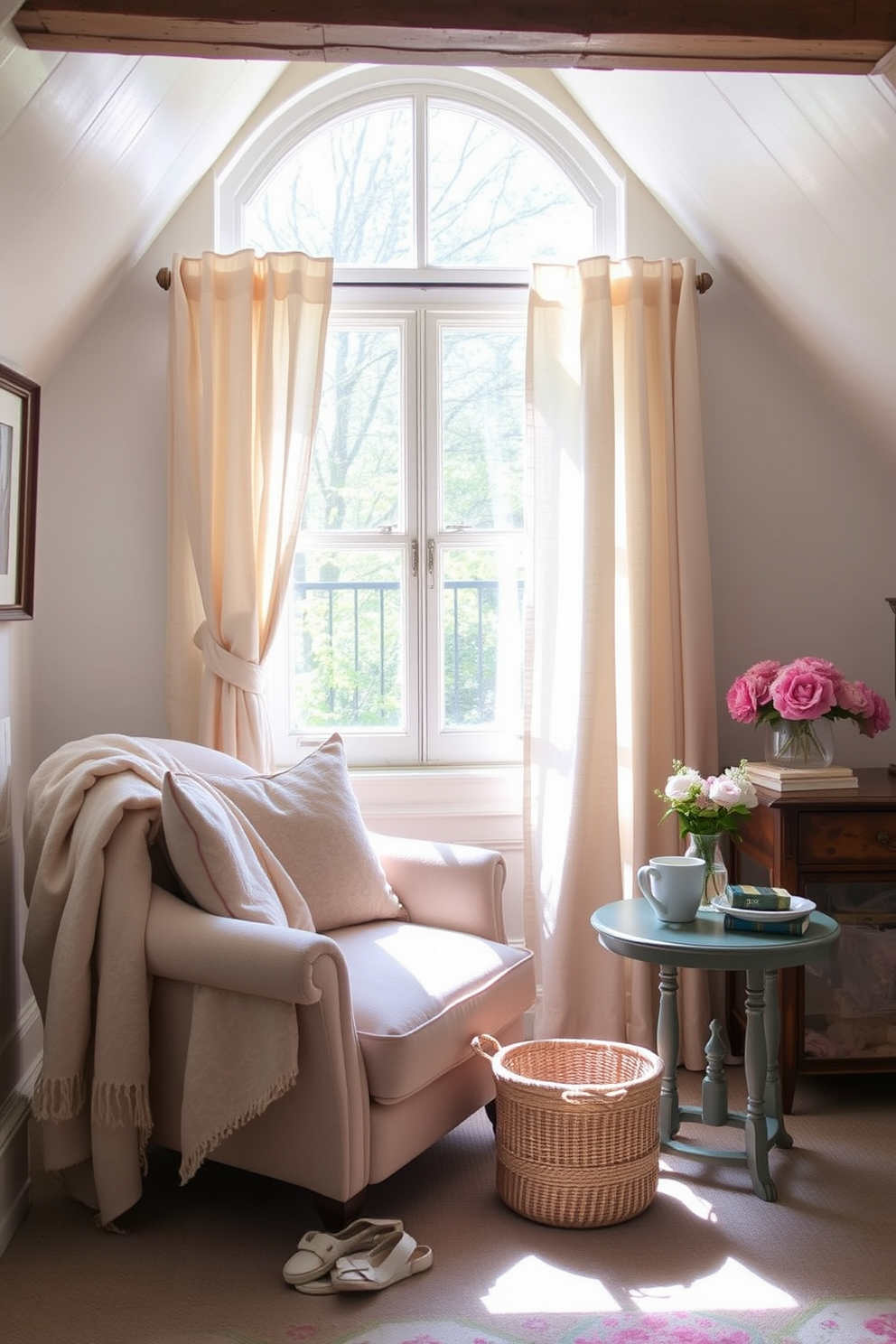 A comfortable reading nook by the window features a plush armchair in soft fabric with a cozy throw blanket draped over one side. A small side table holds a stack of books and a steaming cup of tea, while natural light pours in through sheer curtains. Spring attic decorating ideas include pastel-colored accents and light, airy textiles to create a fresh and inviting atmosphere. Vintage furniture pieces are mixed with modern decor to add character and charm to the space.