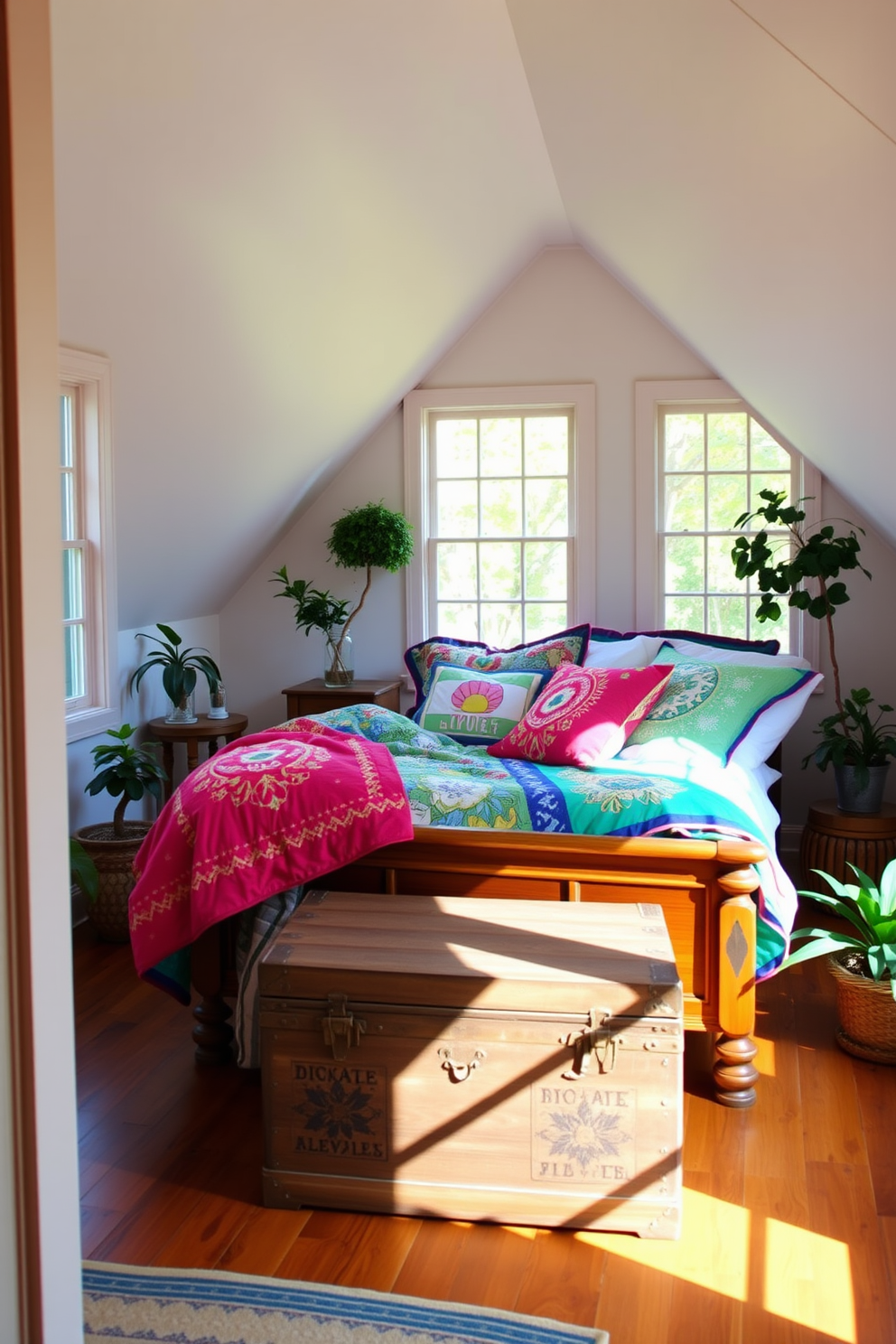 A cozy attic space filled with colorful quilts draped over a vintage wooden bed. The walls are adorned with soft pastel shades, and large windows let in warm natural light, creating an inviting atmosphere. Brightly patterned quilts in various colors are layered on the bed and accentuated by fluffy pillows. A rustic trunk at the foot of the bed adds charm, while potted plants in the corners bring a touch of nature indoors.