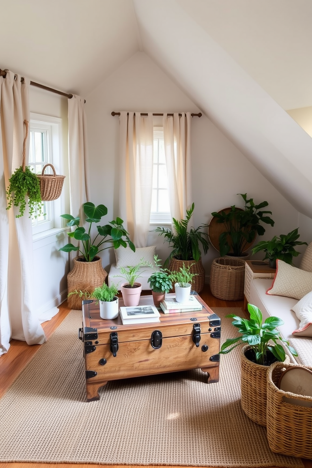 A cozy spring attic space filled with natural fiber textiles that add an earthy texture. Soft linen curtains frame the windows, while a jute rug covers the wooden floor, creating a warm and inviting atmosphere. A vintage wooden trunk serves as a coffee table, adorned with a collection of potted plants and books. The walls are painted in a soft pastel hue, complemented by woven baskets that provide both storage and style.