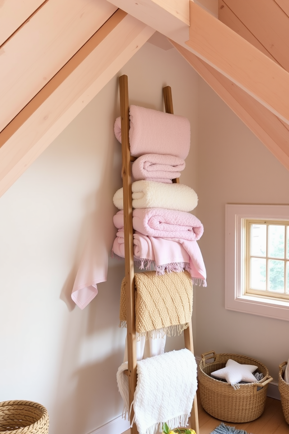 A decorative ladder is leaning against the wall, showcasing a collection of plush towels and cozy blankets in soft pastel colors. Surrounding the ladder, the attic features light wooden beams and a large window that lets in natural light, enhancing the serene spring atmosphere.