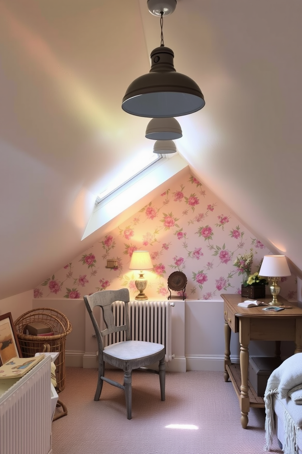 A cozy attic space filled with natural light. Soft layered lighting creates a warm atmosphere with a combination of pendant lights and table lamps. The walls are painted in a soft pastel color, adorned with floral wallpaper that brings in a touch of spring. Vintage furniture pieces, such as a distressed wooden chair and a small writing desk, complete the inviting decor.