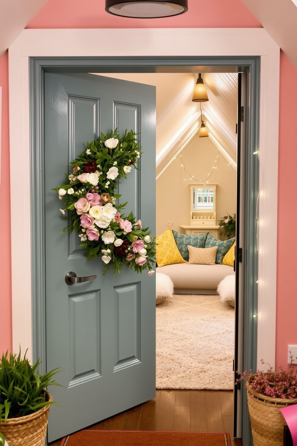 A charming front door adorned with a vibrant seasonal wreath showcasing fresh flowers and greenery. The entrance is framed by soft pastel colors that evoke the essence of spring. An inviting attic space transformed into a cozy reading nook with plush seating and soft lighting. Decorated with whimsical elements like fairy lights and colorful cushions, the attic reflects a playful yet serene atmosphere.