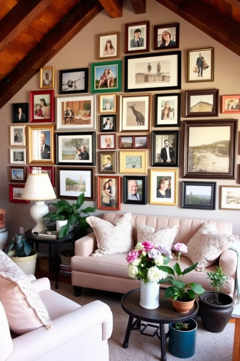 A personalized photo gallery wall filled with an eclectic mix of framed family portraits and travel memories. The frames vary in size and color, creating a dynamic and inviting visual display that draws the eye. Spring attic decorating ideas featuring soft pastel colors and light fabrics. Cozy seating is arranged around a small coffee table, with potted plants and floral accents adding a fresh and cheerful atmosphere.