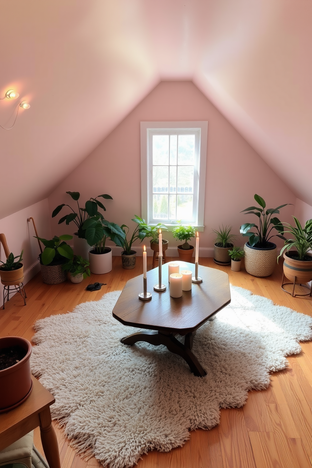 A cozy attic space filled with natural light. Soft pastel colors adorn the walls, and a plush area rug adds warmth to the wooden floor. Scented candles are strategically placed on a vintage wooden table, creating a relaxing ambiance. A collection of potted plants in various sizes brings a touch of nature to the decor.