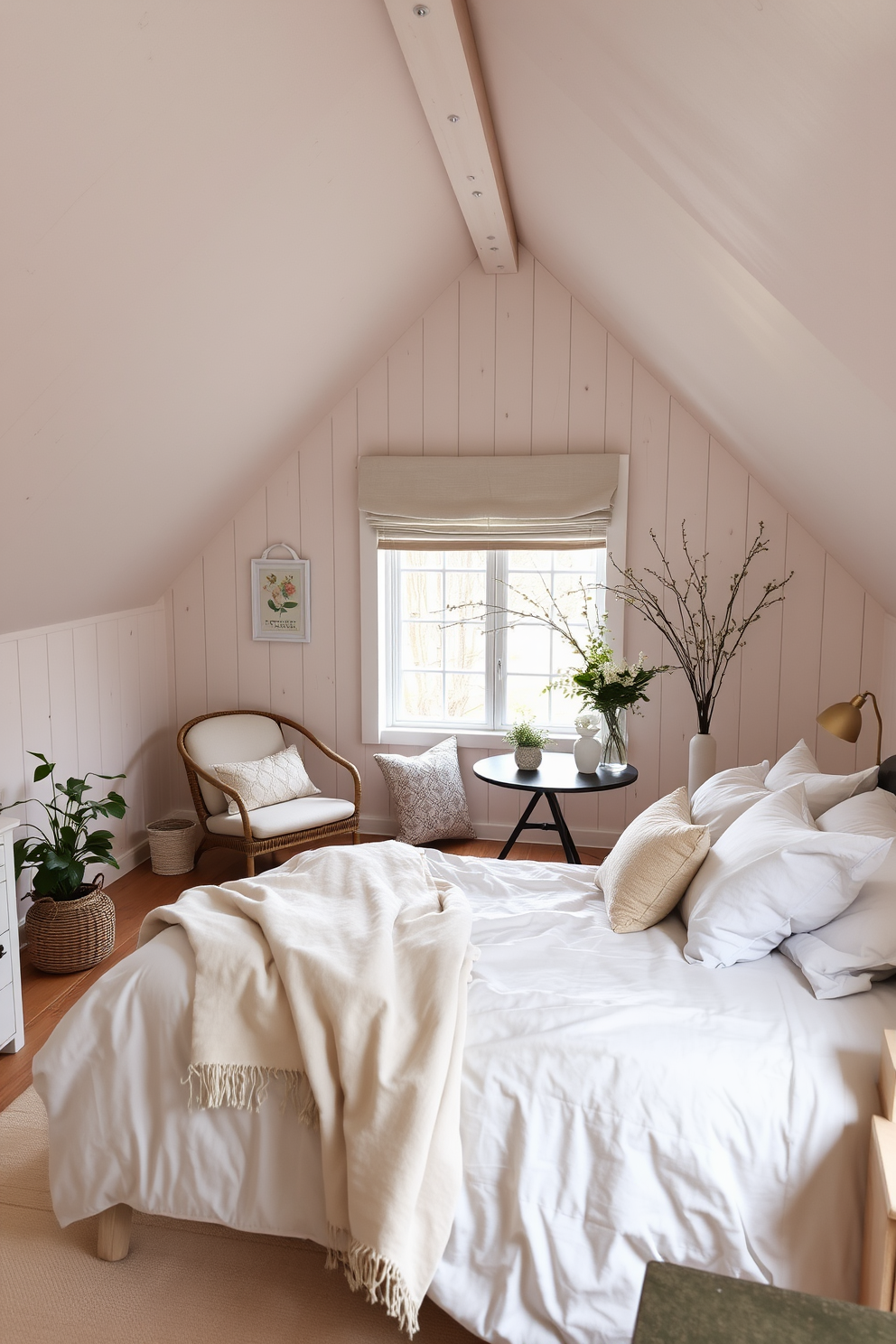 A serene bedroom featuring breezy linen bedding in soft pastel hues. The bed is adorned with fluffy pillows and a lightweight throw, creating an inviting and comfortable atmosphere. An enchanting attic space decorated for spring with floral accents and natural light. The walls are adorned with light-colored wood panels, and a cozy reading nook is set up by the window with a plush chair and a small table.