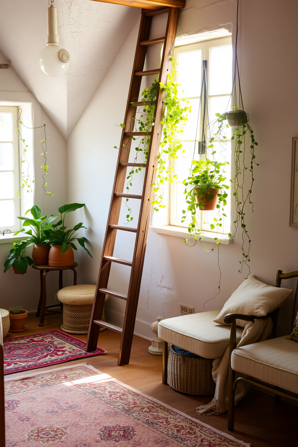 A rustic wooden ladder leans against a whitewashed wall, adorned with cascading green plants in terracotta pots. Sunlight filters through a nearby window, casting a warm glow on the vibrant foliage and creating a serene atmosphere. The attic is transformed into a cozy retreat with soft, textured rugs and vintage furniture pieces. A mix of pastel colors and natural materials brings a fresh, inviting feel to the space, perfect for relaxing or enjoying creative pursuits.