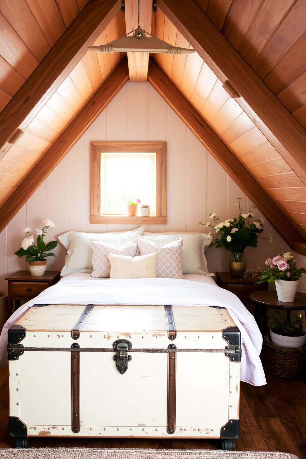 A charming vintage trunk serves as a unique storage option, adding character to the space. It is placed at the foot of a cozy bed adorned with pastel-colored linens and fluffy pillows. The spring attic is decorated with soft natural light streaming through a small window, illuminating the wooden beams. Potted plants and floral accents bring a fresh and lively atmosphere to the room.