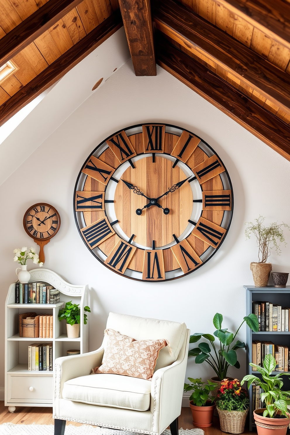 Artistic wall clock for functional decor. A large round clock with an intricate design hangs on a white wall, featuring a blend of natural wood and metal elements that create a striking focal point. Spring attic decorating ideas. The attic is transformed into a cozy reading nook with soft pastel colors, featuring a vintage armchair, a small bookshelf filled with spring-themed books, and potted plants that bring a touch of nature indoors.