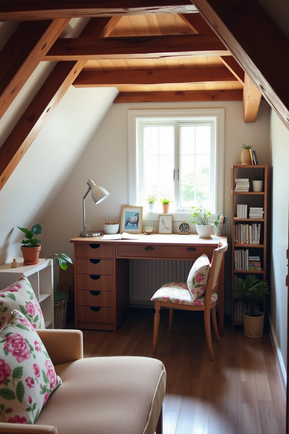 Chic desk area for creative work space A sleek wooden desk sits against a bright window, adorned with a stylish lamp and a few art supplies. A comfortable chair with colorful upholstery complements the desk, while potted plants add a touch of greenery to the space. Spring Attic Decorating Ideas The attic features exposed wooden beams and soft pastel colors that evoke a fresh spring vibe. Cozy seating arrangements with floral cushions and a small bookshelf create an inviting reading nook in the corner.