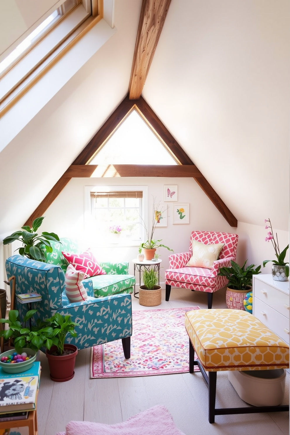 Brightly colored accent chairs are strategically placed in a cozy attic space, bringing vibrancy and energy to the room. The chairs feature bold patterns and textures, complementing the natural light streaming in through the skylights. Surrounding the chairs, a mix of potted plants and playful decor items adds a cheerful atmosphere. The walls are adorned with light, pastel colors, enhancing the overall Spring theme of the attic.