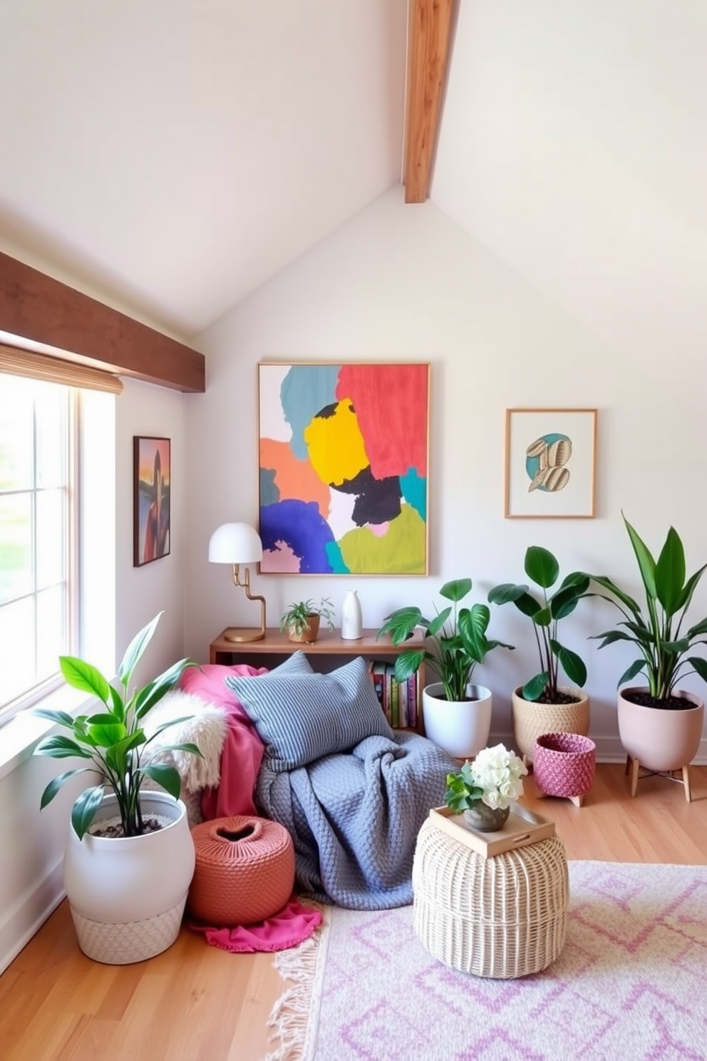 Bright artwork to energize the space. The walls are adorned with vibrant abstract paintings that add a splash of color to the room. Spring attic decorating ideas. The space features light pastel colors, cozy textiles, and potted plants to create a fresh and inviting atmosphere.