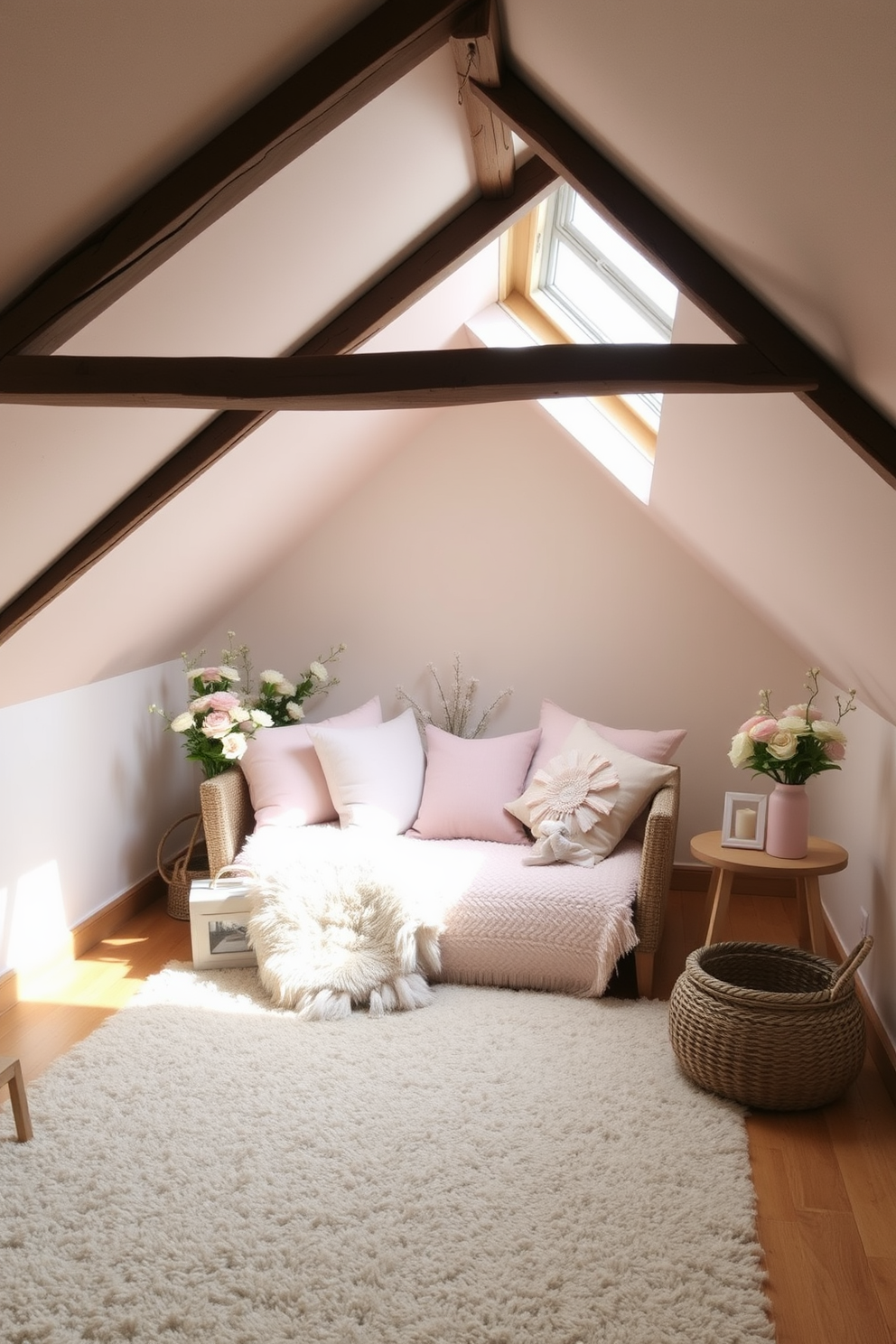 A cozy attic space adorned with a soft area rug that adds warmth and comfort underfoot. The walls are painted in a light pastel hue, complemented by rustic wooden beams and a charming reading nook filled with plush cushions. The decor features spring-themed accents, including floral arrangements and pastel-colored throw pillows. Natural light filters through a skylight, illuminating the space and creating a serene atmosphere perfect for relaxation.