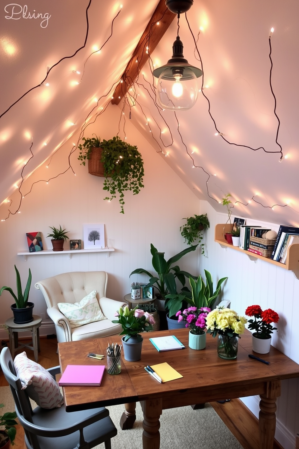 A cozy attic space adorned with hanging fairy lights that create a whimsical ambiance. The walls are painted in soft pastel colors, and a vintage armchair is placed in the corner, surrounded by potted plants. A rustic wooden table serves as a workspace, topped with fresh flowers and colorful stationery. Shelves lined with books and decorative items add personality to the room, making it a perfect spring retreat.