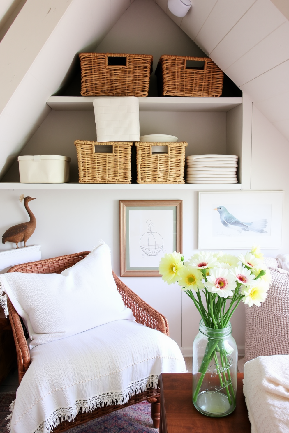 Woven baskets are arranged neatly on open shelves, providing a chic and functional storage solution. The natural textures of the baskets complement the soft pastel colors of the surrounding decor. The attic is transformed into a cozy retreat with light, airy fabrics and vintage accents. Fresh spring flowers in mason jars add a vibrant touch, enhancing the inviting atmosphere of the space.