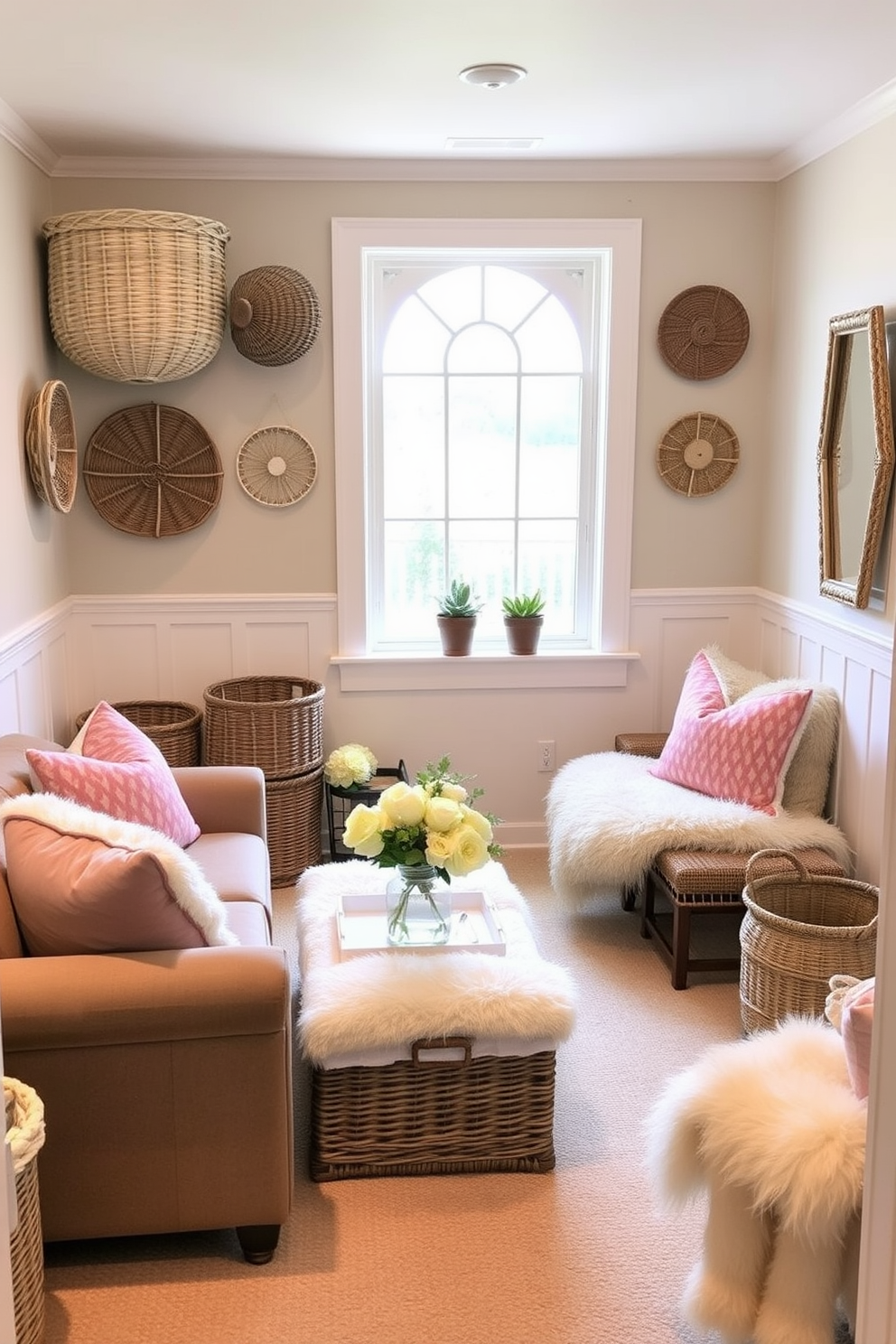 A cozy spring basement retreat featuring decorative baskets for storage. The walls are painted in soft pastel hues, and plush seating is arranged around a central coffee table.