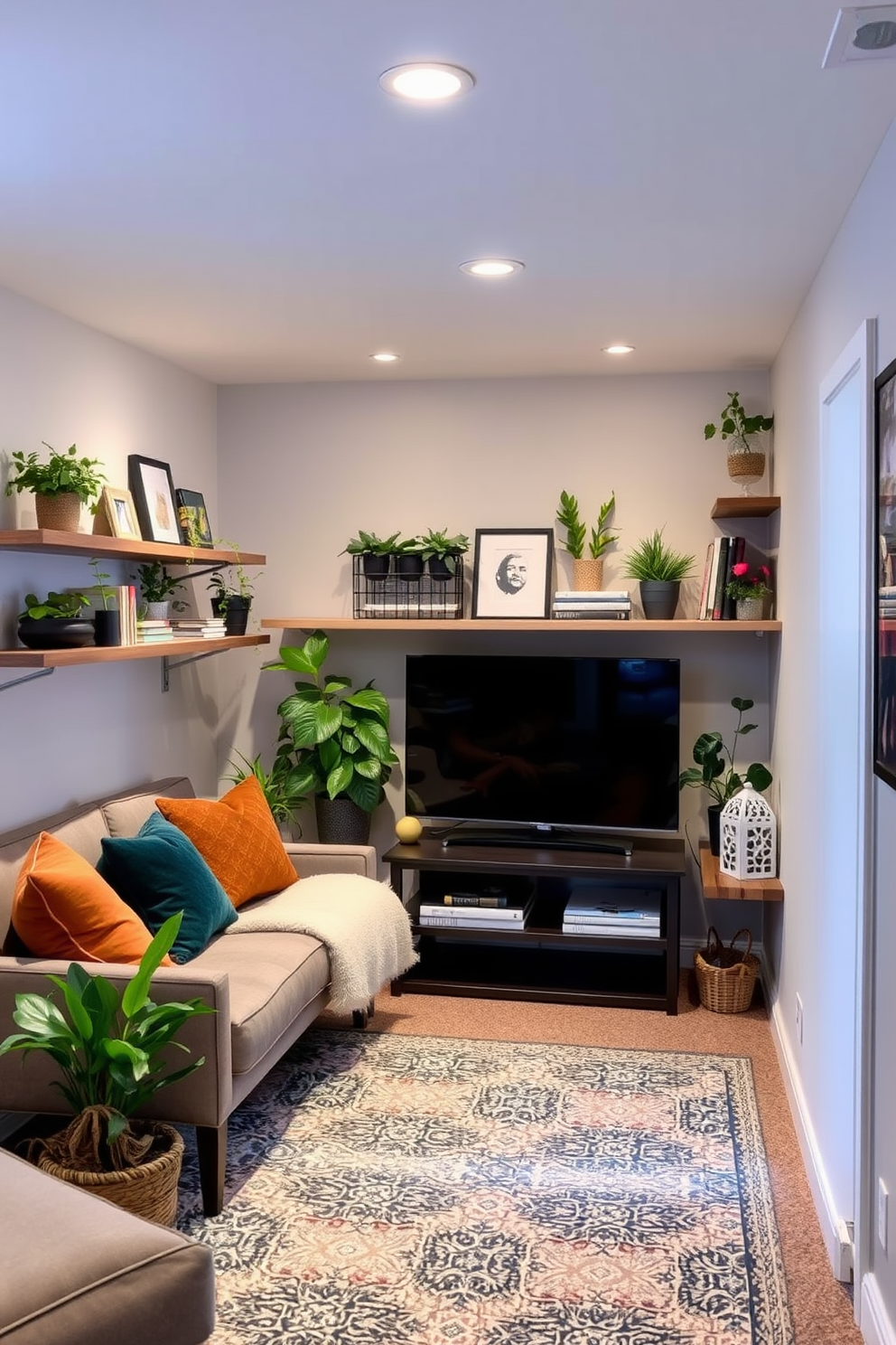 A cozy basement retreat with floating shelves elegantly installed along the walls for decor display. The shelves are adorned with a mix of plants, books, and decorative objects, creating a warm and inviting atmosphere.