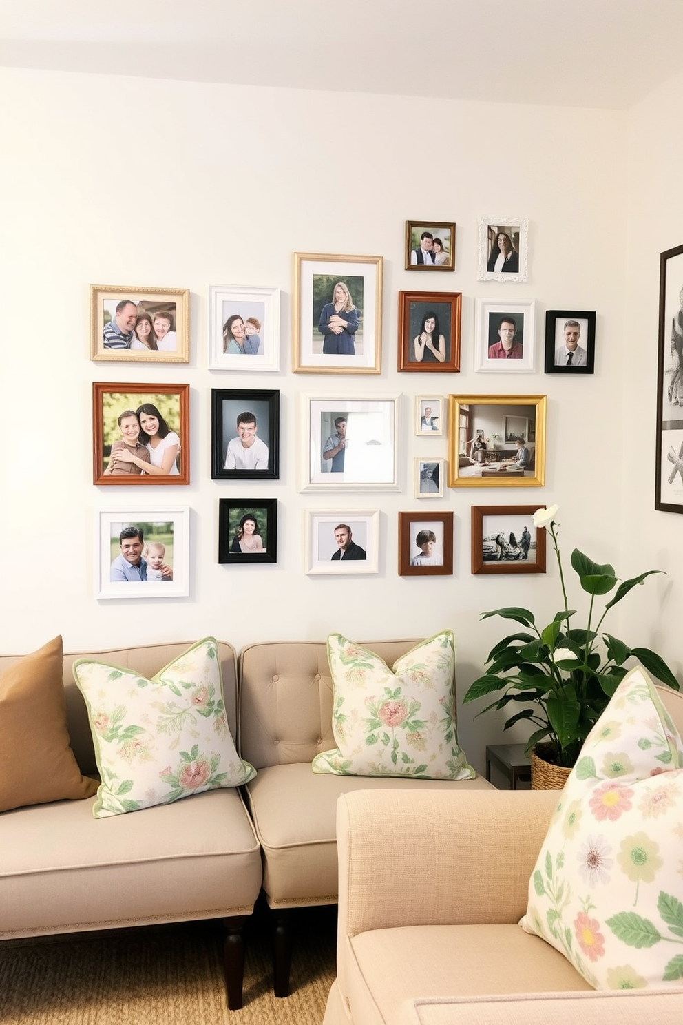 Create a gallery wall featuring a collection of family photos in various sizes and frames. The wall is painted in a soft white color to enhance the visual impact of the images. For spring basement decorating ideas, incorporate light pastel colors and floral patterns to bring freshness to the space. Add comfortable seating and decorative elements like throw pillows and plants to create a cozy atmosphere.