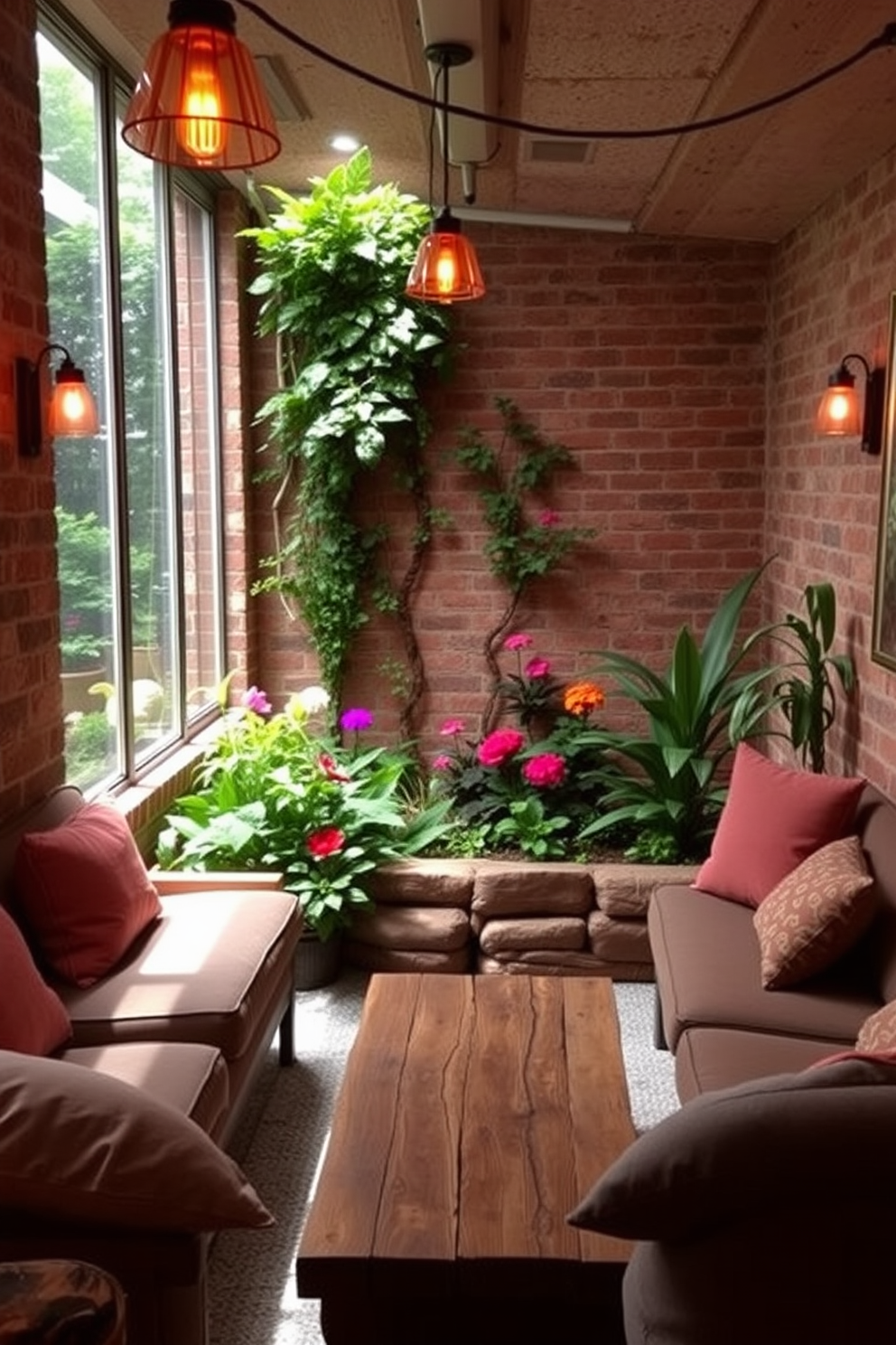 A cozy basement space featuring a small indoor garden with lush greenery and vibrant flowers. The garden is framed by large windows that allow natural light to flood the area, creating a refreshing atmosphere. The decor includes soft seating arrangements with comfortable cushions and a coffee table made of reclaimed wood. Warm lighting fixtures hang from the ceiling, enhancing the inviting ambiance of the space while complementing the garden's natural beauty.