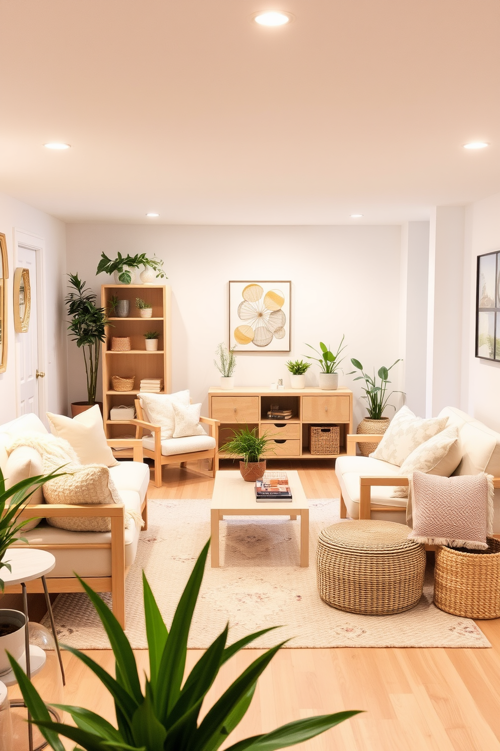 A bright and airy basement space featuring light wood furniture that enhances the overall brightness of the room. The decor includes soft pastel accents and plush textiles, creating a cozy and inviting atmosphere. Incorporate greenery with potted plants placed strategically around the room to bring a touch of spring indoors. Use light-colored rugs and cushions to complement the light wood and add warmth to the space.