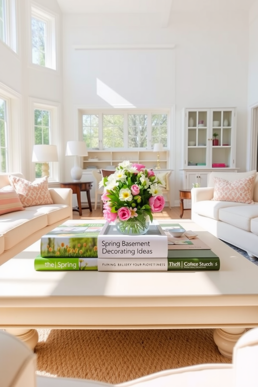 A bright and airy living room setting. There is a large coffee table adorned with a spring-themed coffee table book titled Spring Basement Decorating Ideas, surrounded by plush, pastel-colored sofas. Fresh flowers in a vase sit at the center of the table, adding a touch of nature. The walls are painted in soft white, and large windows let in ample natural light, enhancing the cheerful atmosphere.