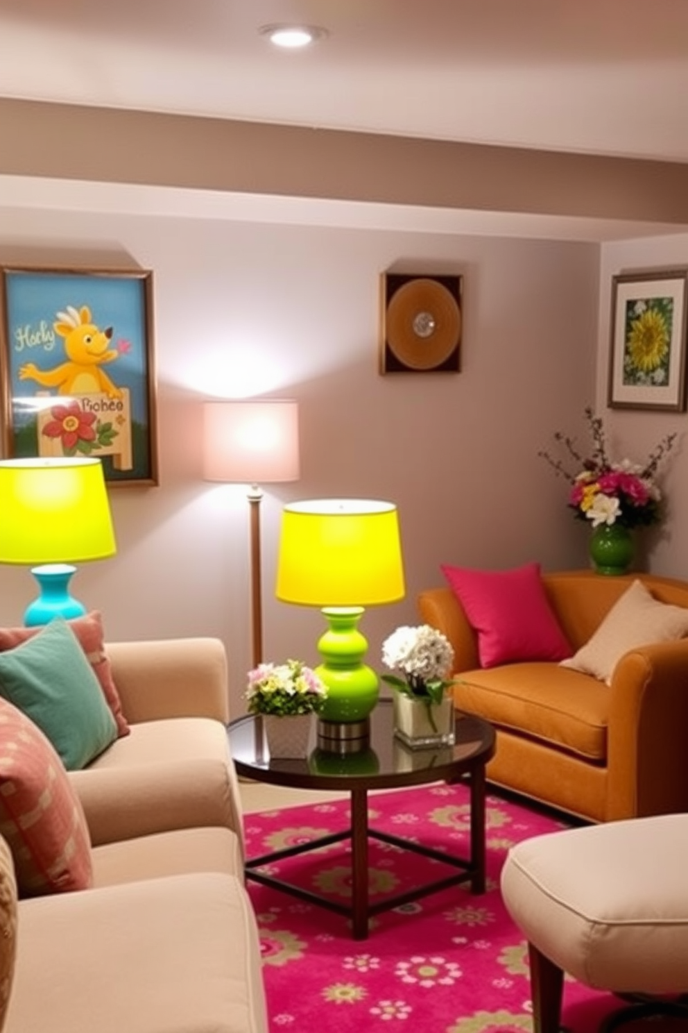 Brightly colored table lamps illuminate a cozy basement space, creating an inviting atmosphere. The walls are adorned with cheerful artwork, while plush seating arrangements invite relaxation and conversation. Spring-themed decorations, including floral arrangements and pastel accents, breathe life into the basement. A vibrant area rug ties the room together, complementing the lively color palette and enhancing the seasonal vibe.