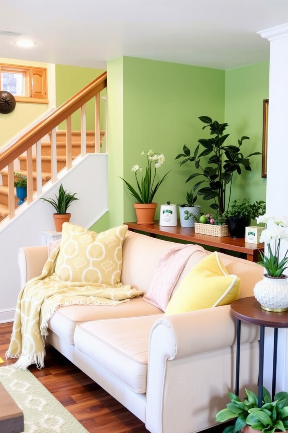 A cozy basement retreat designed for spring. The space features a comfortable sofa adorned with a fun patterned throw blanket, inviting relaxation and warmth. Bright, cheerful colors dominate the decor, with light green walls and soft yellow accents. Potted plants and floral arrangements add a fresh touch, bringing the essence of spring indoors.