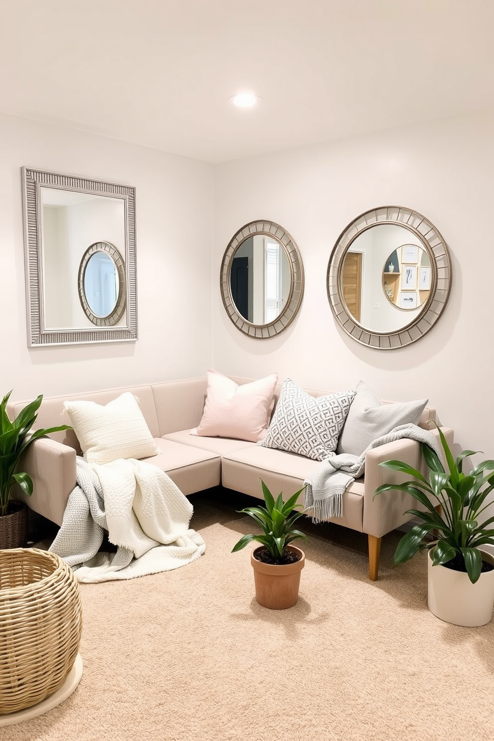 A cozy basement retreat designed for spring. Light-colored walls create an airy feel, while strategically placed mirrors reflect natural light and enhance the brightness of the space. Incorporate soft pastel accents with cushions and throws to evoke a fresh spring vibe. Add potted plants to bring in greenery and a touch of nature, creating a welcoming atmosphere.