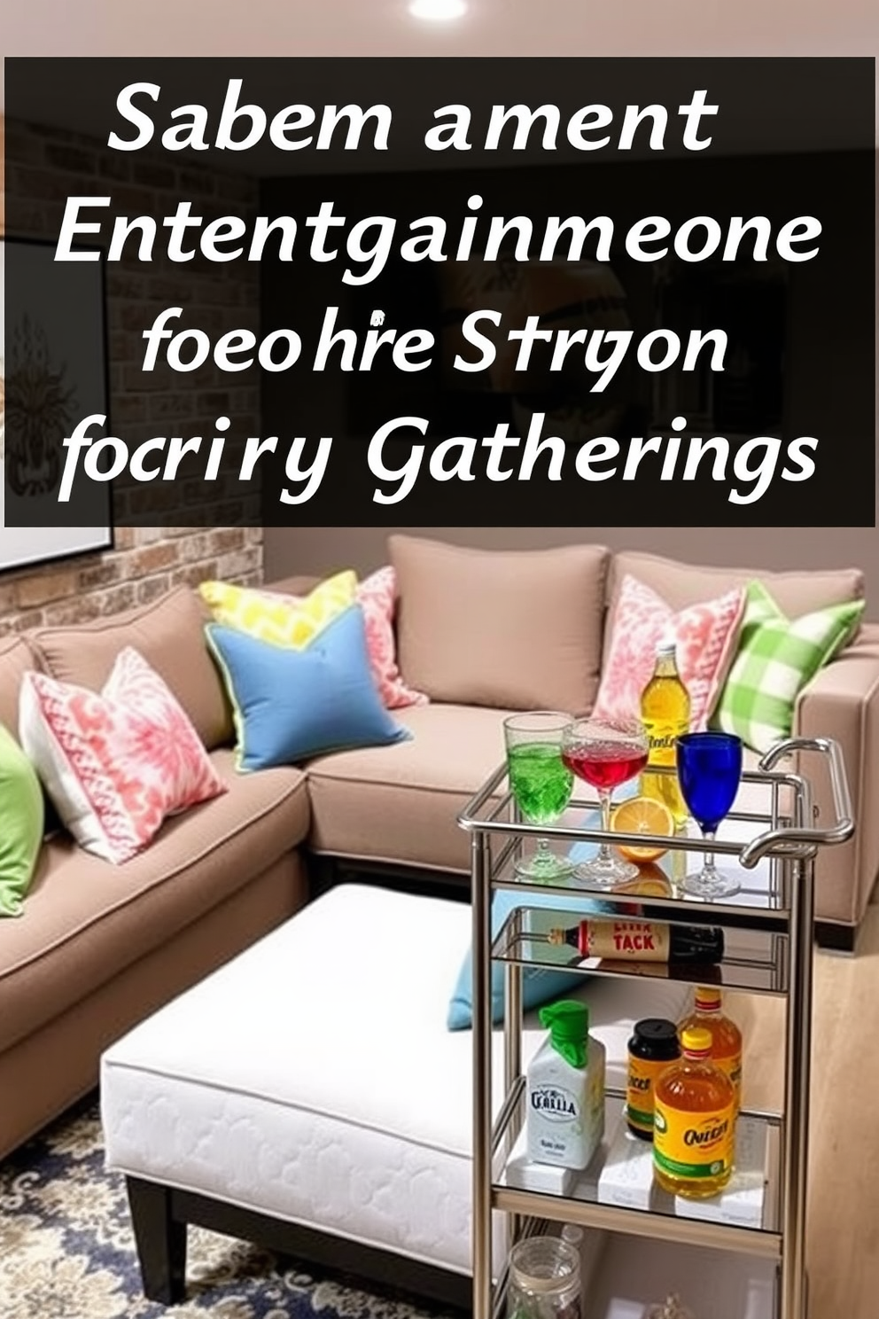 A stylish basement entertainment area designed for spring gatherings. The space features a cozy seating arrangement with plush sofas and vibrant throw pillows, complemented by a small bar cart stocked with colorful glassware and refreshing beverages.