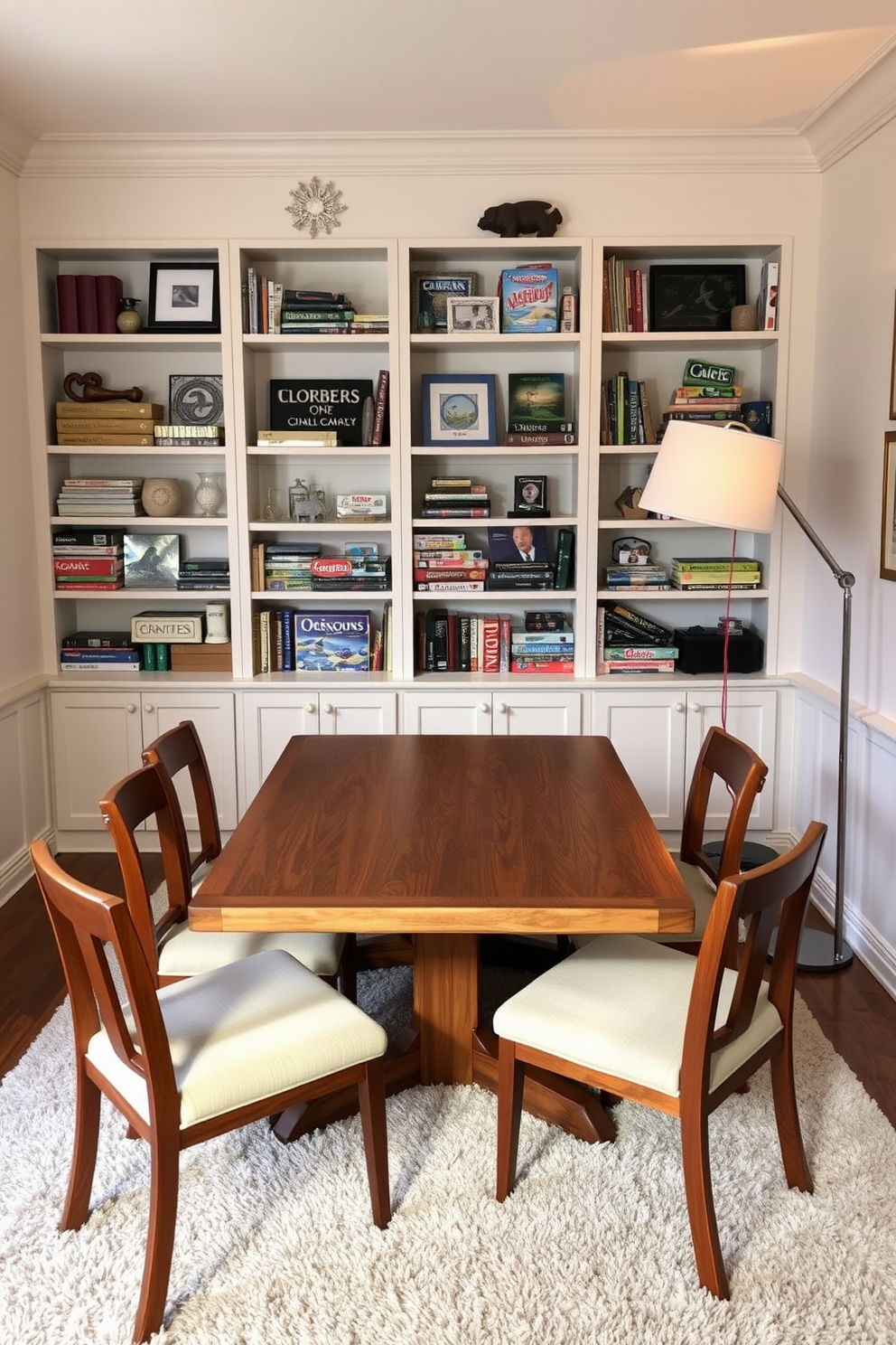 Create a cozy game area featuring a large wooden table surrounded by comfortable chairs. The walls are painted in a soft pastel color, and shelves are filled with an array of board games and decorative items. Incorporate a plush area rug to define the space and add warmth. Soft lighting from a stylish floor lamp creates an inviting atmosphere for family game nights.