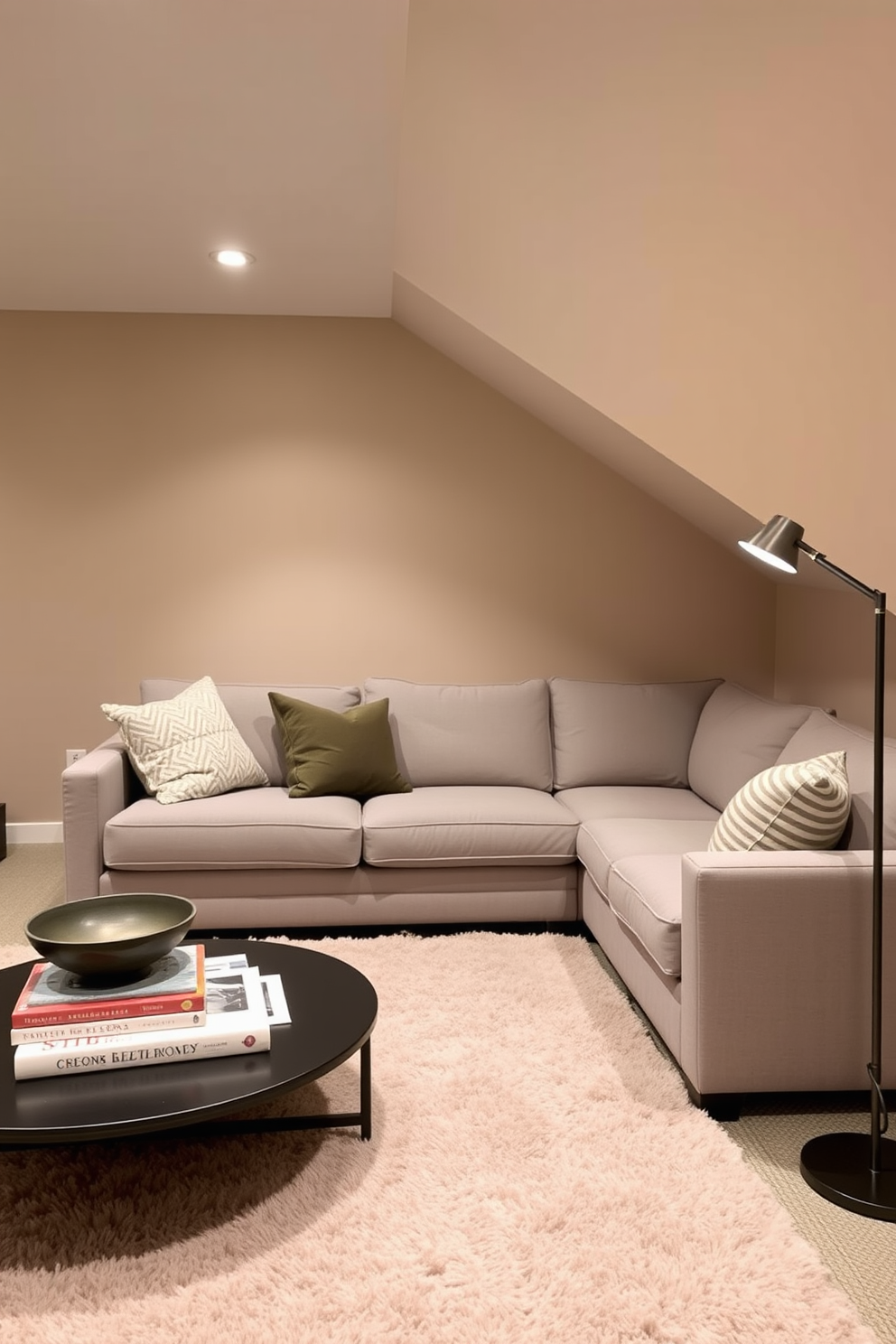 A cozy basement living area featuring a soft sectional sofa in a light gray fabric. The walls are painted in a warm beige tone, complemented by a plush area rug in soft pastels. In the corner, a stylish coffee table holds a stack of design books and a decorative bowl. Ambient lighting from a sleek floor lamp creates a welcoming atmosphere, perfect for relaxation and entertaining.