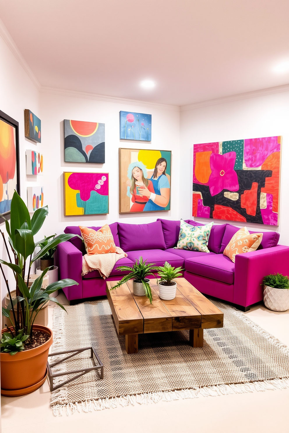 A vibrant basement space adorned with colorful abstract art pieces that create a lively atmosphere. The walls are painted in a soft white to enhance the brightness, while a cozy sectional sofa in a bold hue offers a comfortable seating area. Incorporate playful decorative pillows and a textured area rug to add warmth and character. A stylish coffee table made of reclaimed wood sits at the center, surrounded by potted plants that bring a touch of nature indoors.