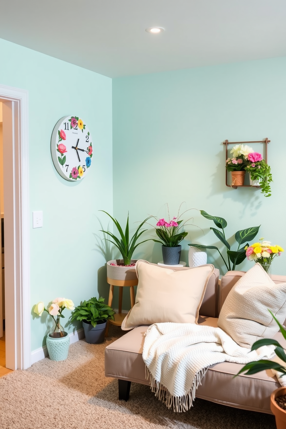 A charming basement space designed for spring. The walls are painted in a soft pastel color, and a whimsical wall clock with colorful flowers adorns one side. Cozy seating is arranged with plush cushions and a light throw blanket. Potted plants and spring-themed decorations bring a fresh and lively atmosphere to the area.