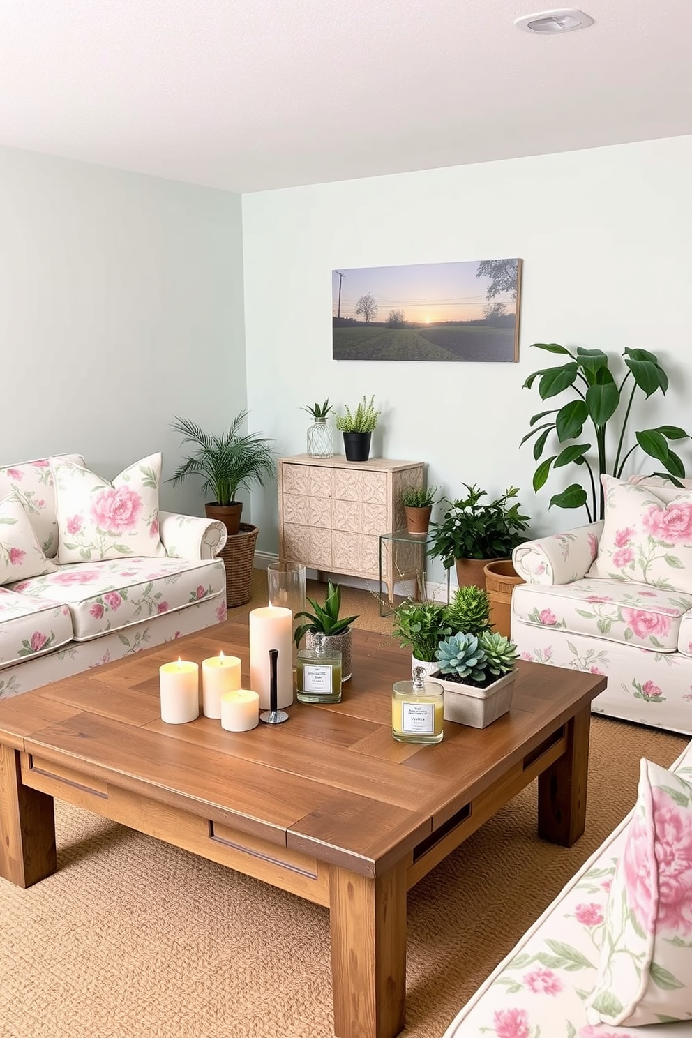 A cozy spring basement retreat. The space features soft pastel-colored walls and comfortable seating adorned with floral patterns. Seasonal scented candles are placed on a rustic wooden coffee table, filling the air with a fresh and uplifting aroma. A collection of potted plants adds a touch of greenery, enhancing the inviting atmosphere.