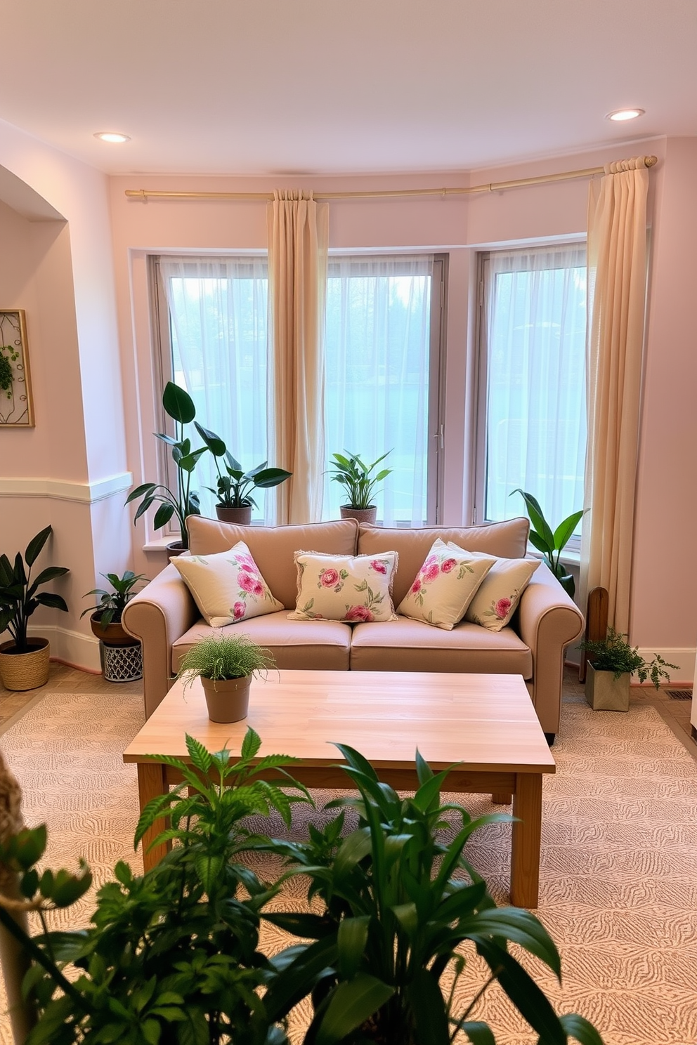 A cozy spring basement setting. The walls are painted in soft pastel shades, and large windows are adorned with delicate pastel colored curtains that let in natural light. A comfortable seating area features a plush sofa with floral throw pillows. A light wooden coffee table sits in front, surrounded by potted plants that bring a touch of nature indoors.