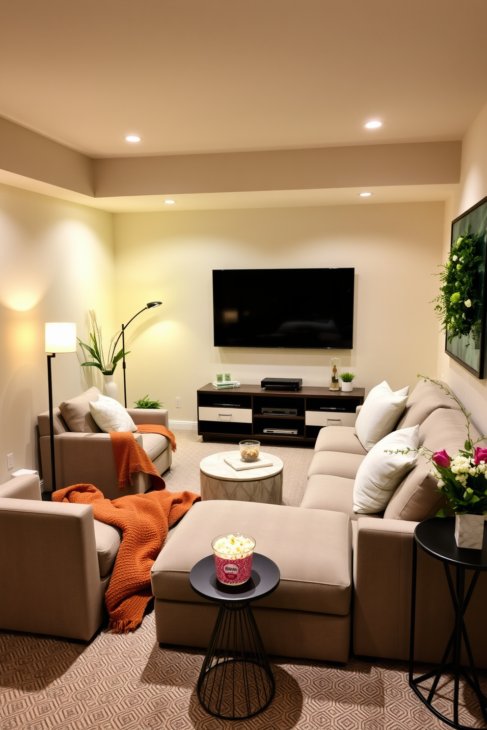 A cozy movie corner featuring a plush sectional sofa adorned with soft throw pillows and a warm blanket. A large flat-screen TV is mounted on the wall opposite the sofa, with a stylish media console below holding various entertainment devices. The space is illuminated by soft ambient lighting, including a floor lamp with a warm glow. A small side table next to the sofa holds popcorn and drinks, creating an inviting atmosphere for movie nights. Spring basement decorating ideas include light pastel colors on the walls to brighten the space. Fresh greenery and floral arrangements are placed strategically to bring a touch of nature indoors, enhancing the cheerful ambiance.