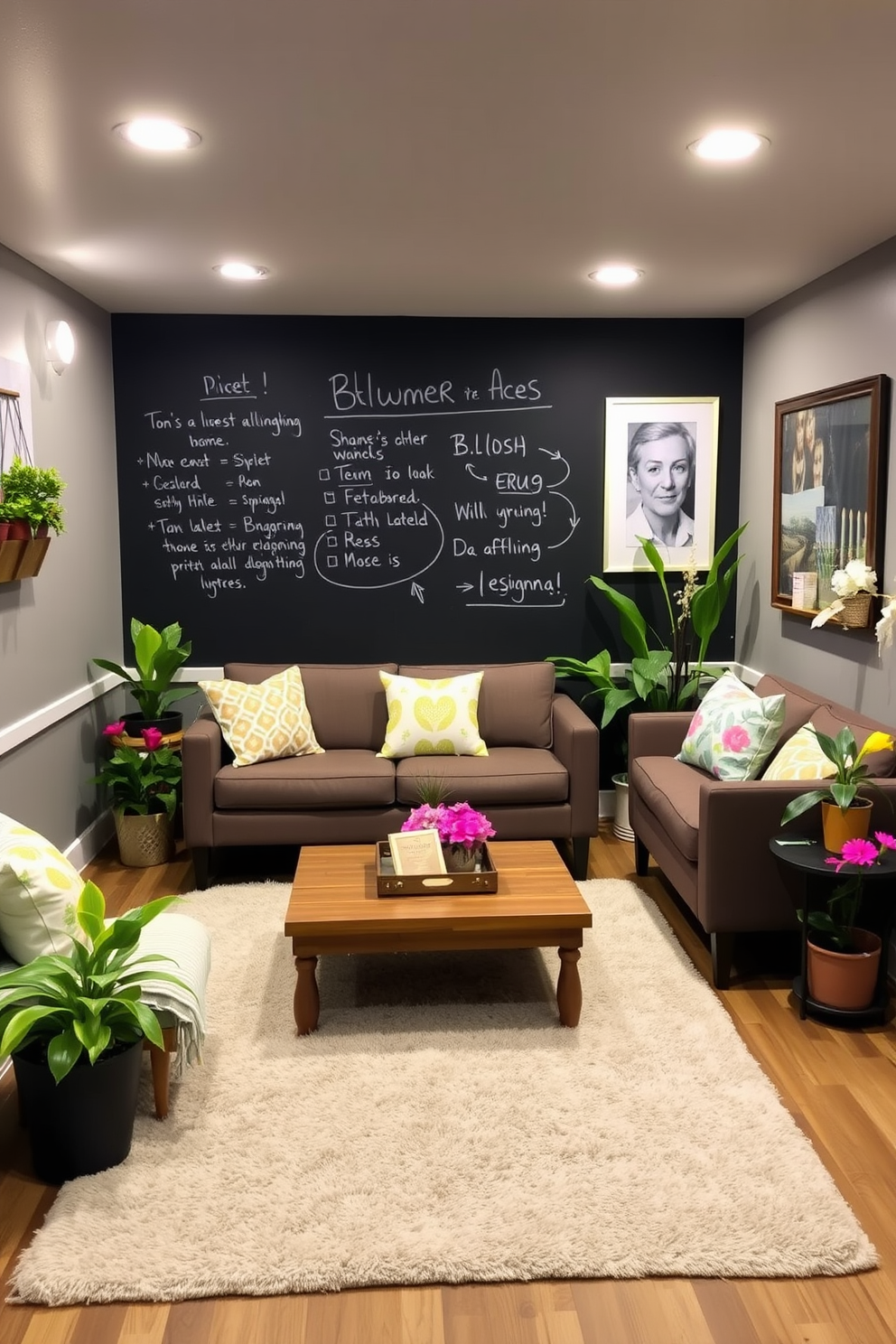 A cozy basement space featuring a chalkboard wall for notes and ideas. The decor includes soft lighting, a plush area rug, and comfortable seating arranged for relaxation and conversation. Incorporate vibrant spring colors through decorative pillows and wall art. Add potted plants and fresh flowers to bring a touch of nature indoors, creating a cheerful atmosphere.